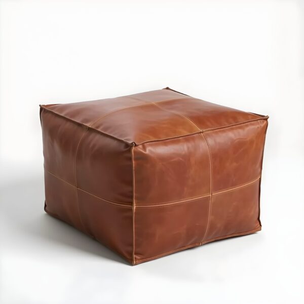 Handcrafted Moroccan Square Leather Pouf – Natural Brown or Tan Ottoman (Custom Sizes)