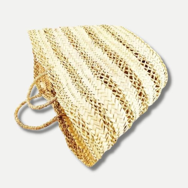 Natural Straw Basket Bag – Large Handwoven Market Tote with Striped Design