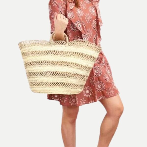 Natural Straw Basket Bag – Large Handwoven Market Tote with Striped Design