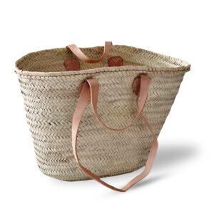 Authentic Moroccan Straw Basket Bag – Handwoven Market Tote with Leather Handles