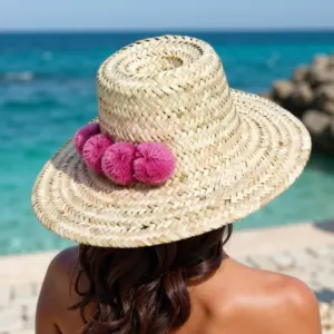 Handwoven Moroccan Pompom Straw Beach Hat – 26″ Wide Brim Boho Sun Hat