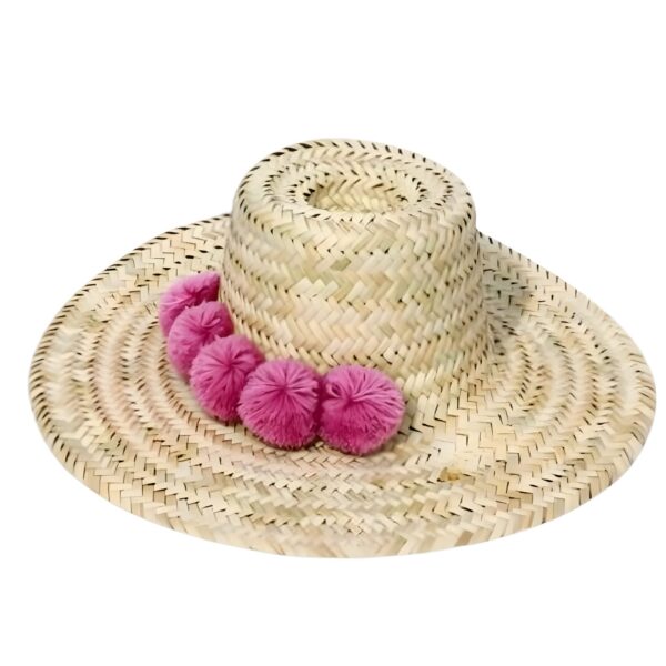 Handwoven Moroccan Pompom Straw Beach Hat – 26″ Wide Brim Boho Sun Hat