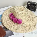 Handwoven Moroccan Pompom Straw Beach Hat – 26″ Wide Brim Boho Sun Hat