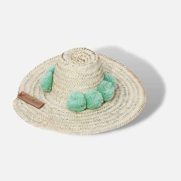 Handwoven Moroccan Pompom Straw Beach Hat – 26″ Wide Brim Boho Sun Hat