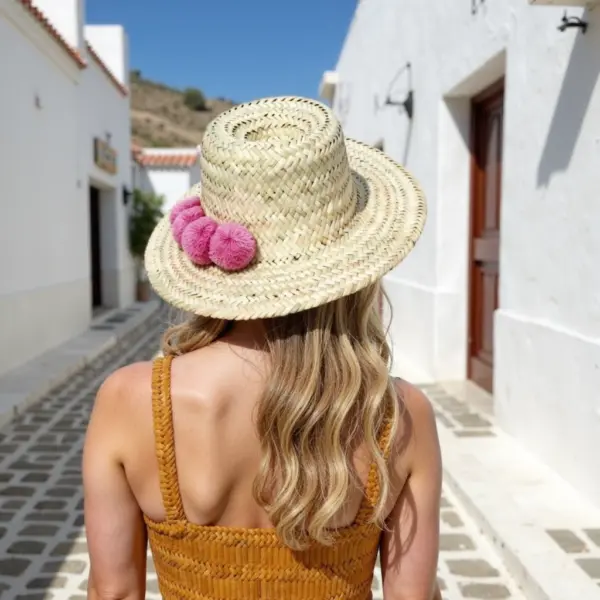 Handwoven Moroccan Pompom Straw Beach Hat – 26″ Wide Brim Boho Sun Hat