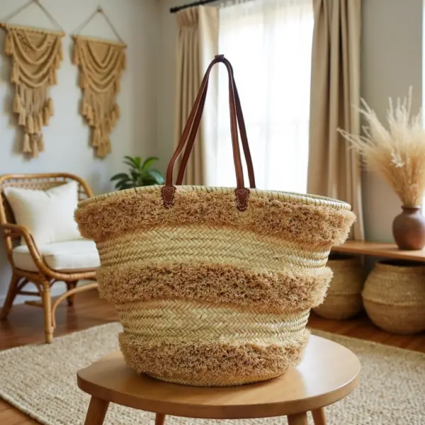 Moroccan Striped Straw Beach Tote – Handwoven Raffia Summer Bag with Leather Handles (13.5″ × 17.7″)