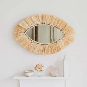 Moroccan Straw Eye Mirror – Handwoven Raffia Wall Decor | Boho Wall Accent