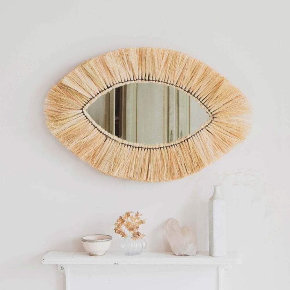 Moroccan Straw Eye Mirror – Handwoven Raffia Wall Decor | Boho Wall Accent