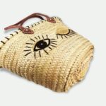 Winking Eye Straw Tote Bag – Handwoven Sequin Beach Basket with Leather Handles