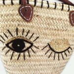 Winking Eye Straw Tote Bag – Handwoven Sequin Beach Basket with Leather Handles