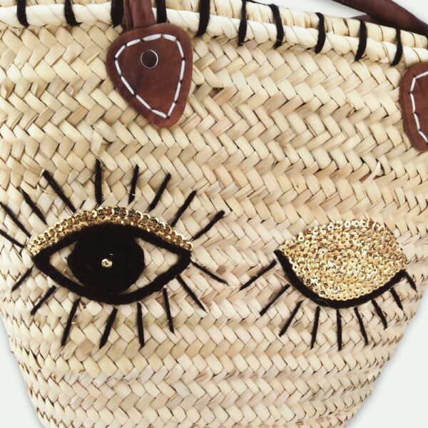 Winking Eye Straw Tote Bag – Handwoven Sequin Beach Basket with Leather Handles