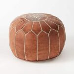Handcrafted Tan Leather Pouf – Moroccan Ottoman with Snowflake Embroidery (21″ × 12″)
