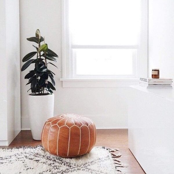 Handcrafted Tan Leather Pouf – Moroccan Ottoman with Snowflake Embroidery (21″ × 12″)