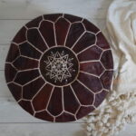 Dark Brown Leather Pouf Ottoman – Handcrafted Moroccan Round Pouf (21″ × 12″)