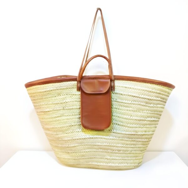 Moroccan Straw Beach Bag – Handwoven Natural Tote with Leather Pocket & Straps (11.5″ × 17.7″)
