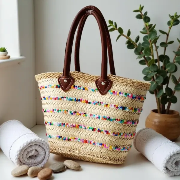 Rainbow Sequin Straw Bag – Handwoven Moroccan Summer Beach Tote
