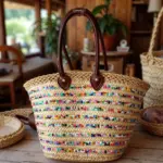 Rainbow Sequin Straw Bag – Handwoven Moroccan Summer Beach Tote