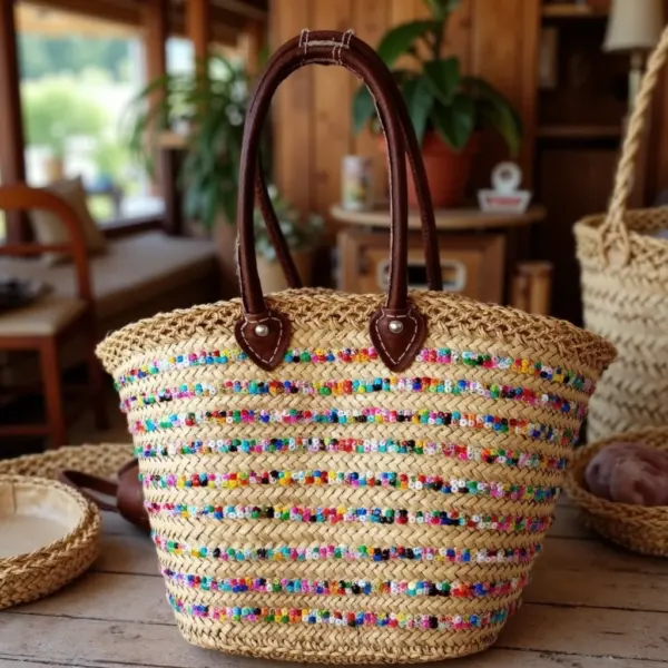 Rainbow Sequin Straw Bag – Handwoven Moroccan Summer Beach Tote