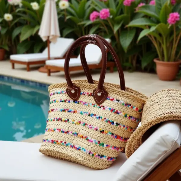 Rainbow Sequin Straw Bag – Handwoven Moroccan Summer Beach Tote