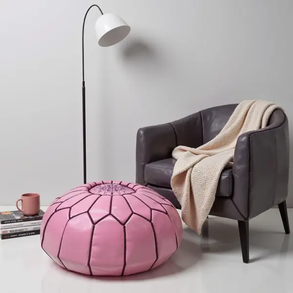Handcrafted Moroccan Pink Leather Pouf – Round Ottoman (20″ × 12″)