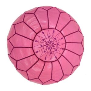 Handcrafted Moroccan Pink Leather Pouf – Round Ottoman (20″ × 12″)