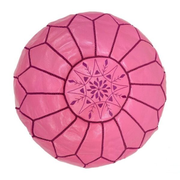 Handcrafted Moroccan Pink Leather Pouf – Round Ottoman (20″ × 12″)