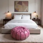 Handcrafted Moroccan Pink Leather Pouf – Round Ottoman (20″ × 12″)
