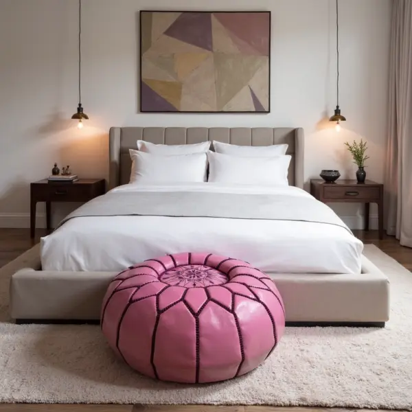 Handcrafted Moroccan Pink Leather Pouf – Round Ottoman (20″ × 12″)