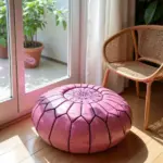 Handcrafted Moroccan Pink Leather Pouf – Round Ottoman (20″ × 12″)
