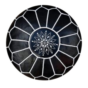 Round-Black-Moroccan-Leather-Pouf-with-White-Stitch-1