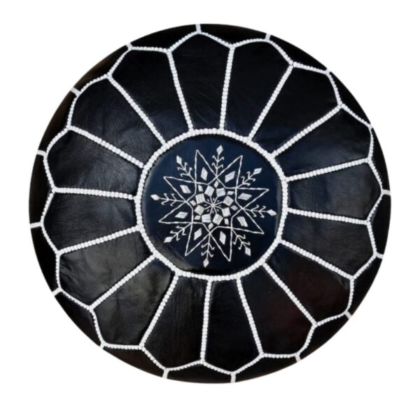 Black Moroccan Leather Pouf – Handcrafted Round Ottoman with White Stitching (21″ × 12″)
