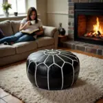 Black Moroccan Leather Pouf – Handcrafted Round Ottoman with White Stitching (21″ × 12″)