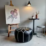 Black Moroccan Leather Pouf – Handcrafted Round Ottoman with White Stitching (21″ × 12″)
