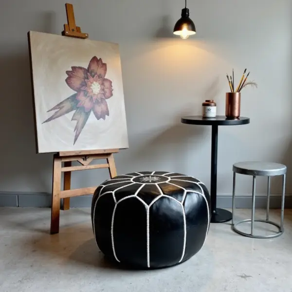 Black Moroccan Leather Pouf – Handcrafted Round Ottoman with White Stitching (21″ × 12″)