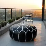 Black Moroccan Leather Pouf – Handcrafted Round Ottoman with White Stitching (21″ × 12″)