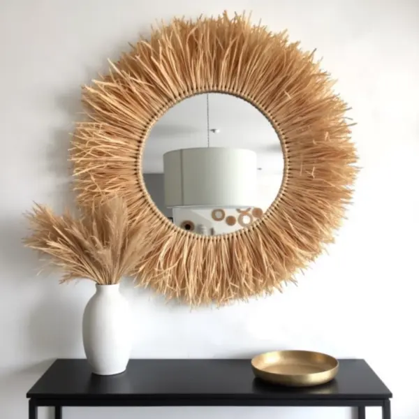 Round Boho Mirror with Handmade Straw Frame – Natural Raffia Wall Decor (Small, Medium)