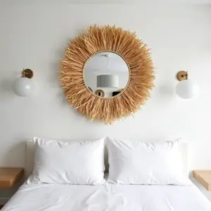 Round Boho Mirror with Handmade Straw Frame – Natural Raffia Wall Decor (Small, Medium)