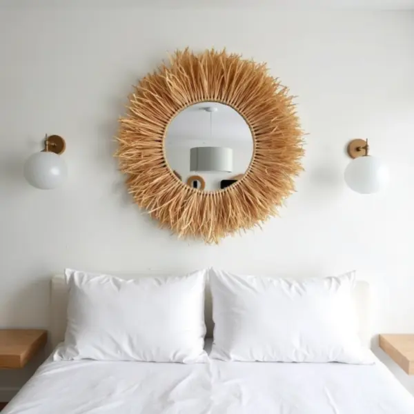 Round Boho Mirror with Handmade Straw Frame – Natural Raffia Wall Decor (Small, Medium)