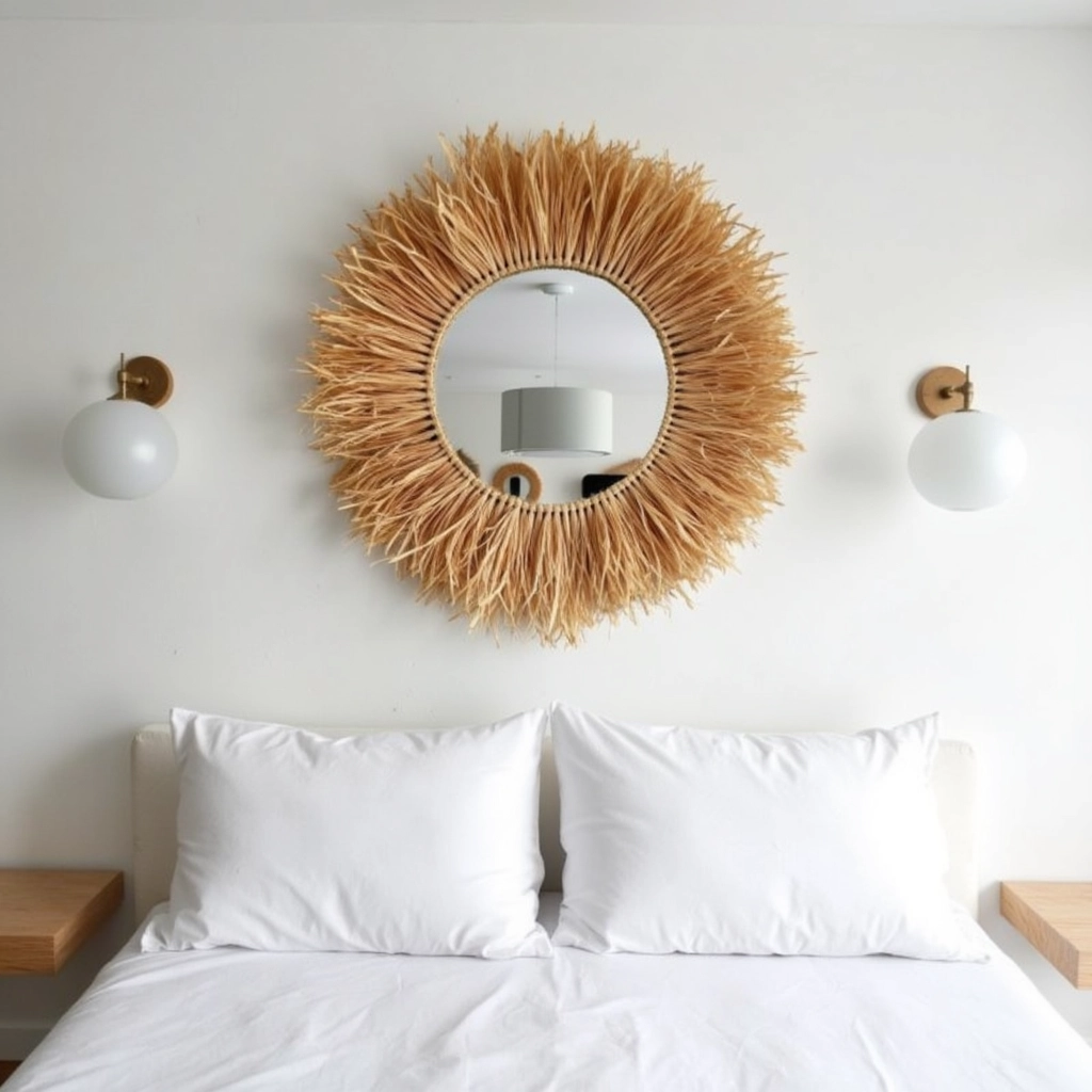 Round Boho Mirror with Handmade Straw Frame – Natural Raffia Wall Decor (Small, Medium)