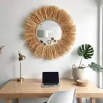 Round Boho Mirror with Handmade Straw Frame – Natural Raffia Wall Decor (Small, Medium)