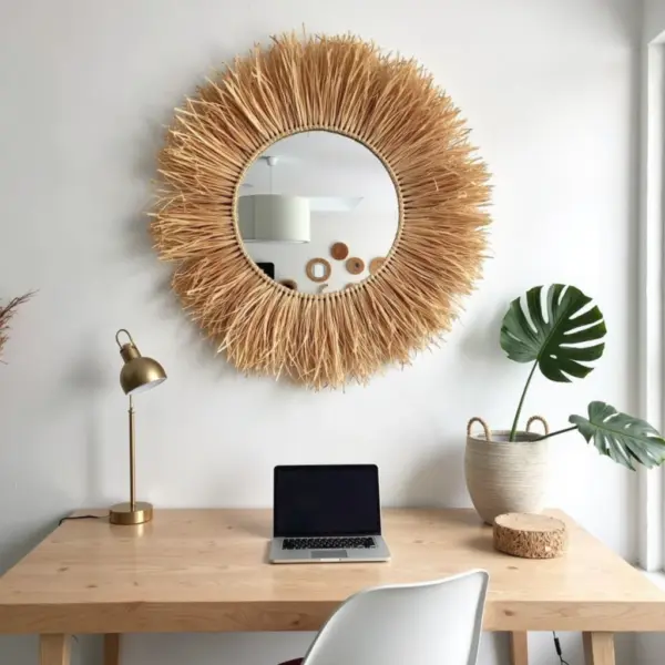 Round Boho Mirror with Handmade Straw Frame – Natural Raffia Wall Decor (Small, Medium)