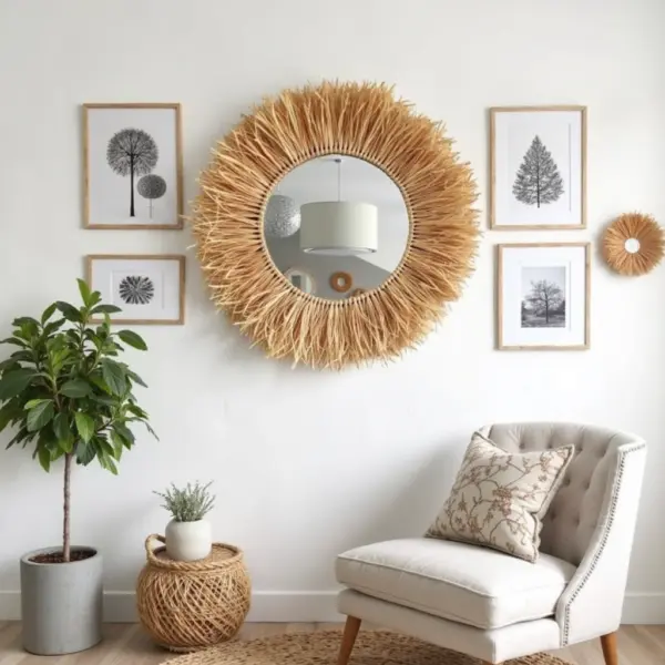 Round Boho Mirror with Handmade Straw Frame – Natural Raffia Wall Decor (Small, Medium)