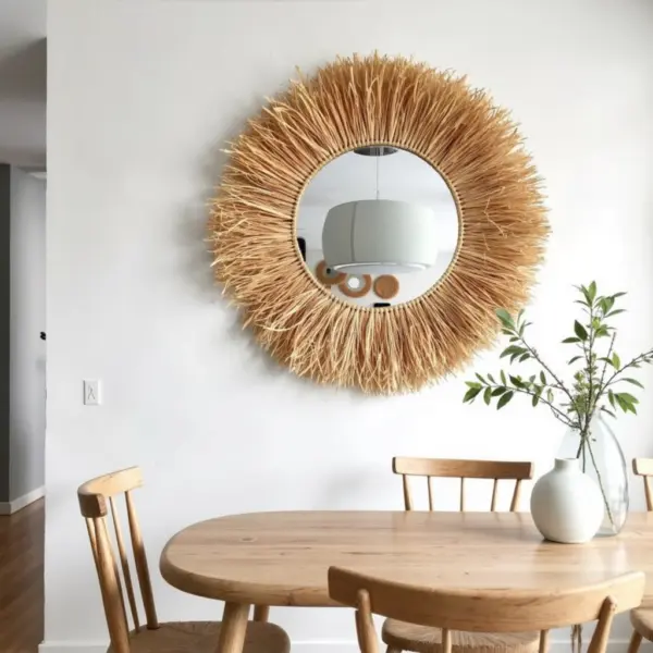 Round Boho Mirror with Handmade Straw Frame – Natural Raffia Wall Decor (Small, Medium)