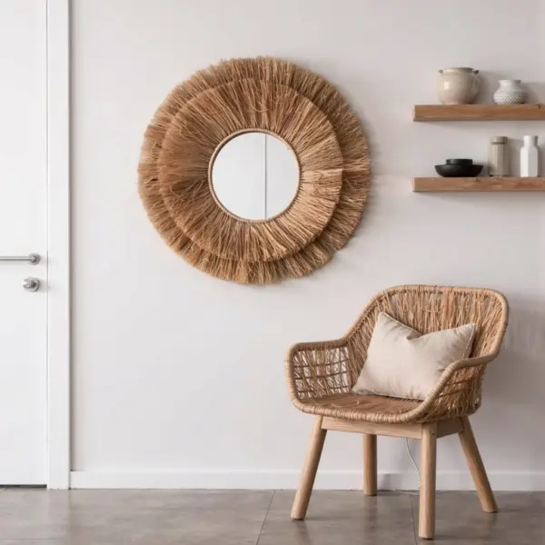 Round Farmhouse Straw Mirror – Handwoven Raffia Wall Decor (Small, Medium)