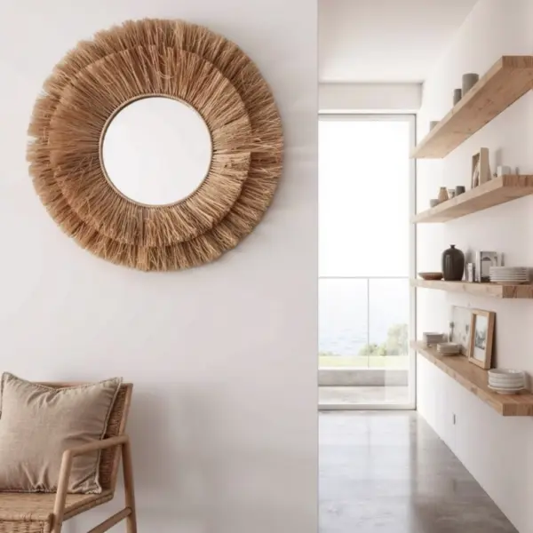 Round Farmhouse Straw Mirror – Handwoven Raffia Wall Decor (Small, Medium)