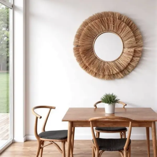 Round Farmhouse Straw Mirror – Handwoven Raffia Wall Decor (Small, Medium)