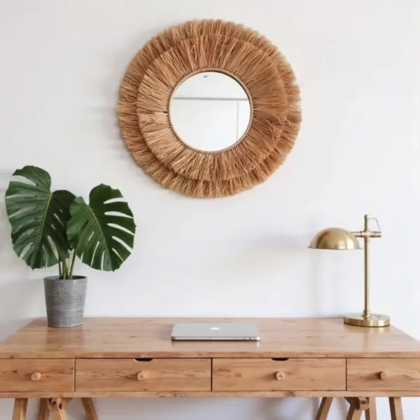 Round Farmhouse Straw Mirror – Handwoven Raffia Wall Decor (Small, Medium)