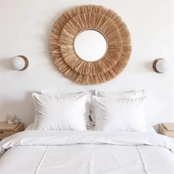 Round Farmhouse Straw Mirror – Handwoven Raffia Wall Decor (Small, Medium)