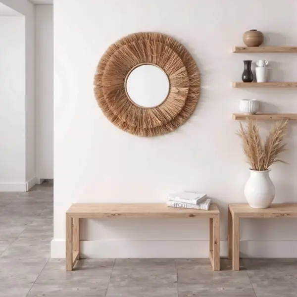 Round Farmhouse Straw Mirror – Handwoven Raffia Wall Decor (Small, Medium)