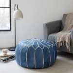 Denim Blue Leather Pouf – Handcrafted Moroccan Ottoman with Sunburst Stitching